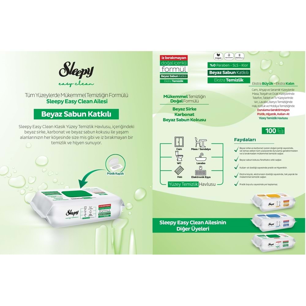 Sleepy Easy Clean Yüzey Temizlik Havlusu 100 Yaprak Beyaz Sabun Plastik Kapaklı