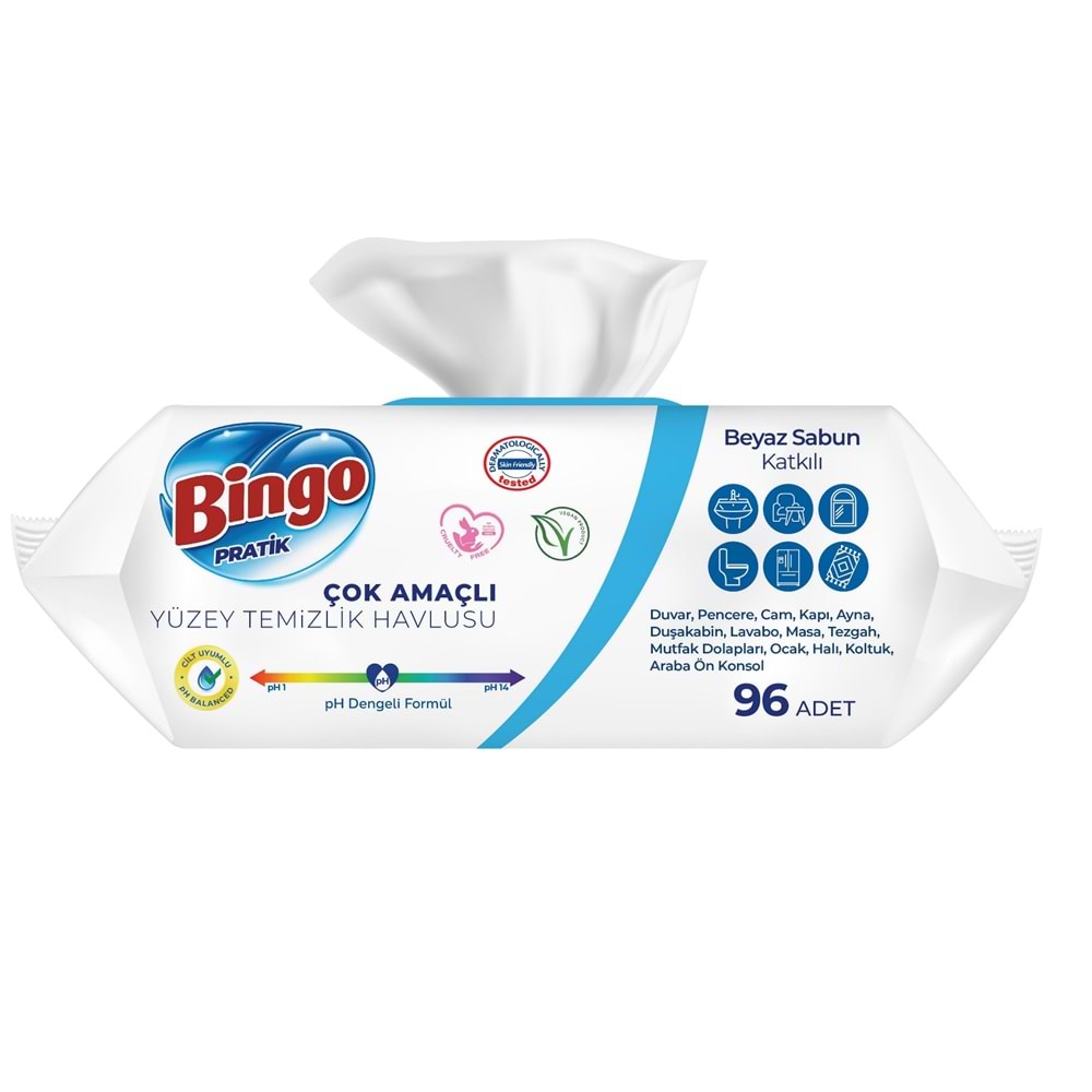 Bingo Clean Yüzey Temizlik Havlusu 96 Yaprak Beyaz Sabun Plastik Kapaklı