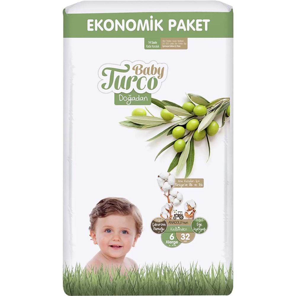 Baby Turco Bebek Bezi Doğadan Beden:6 (16-25KG) XLarge 192 Adet Süper Ekonomik Mega Pk