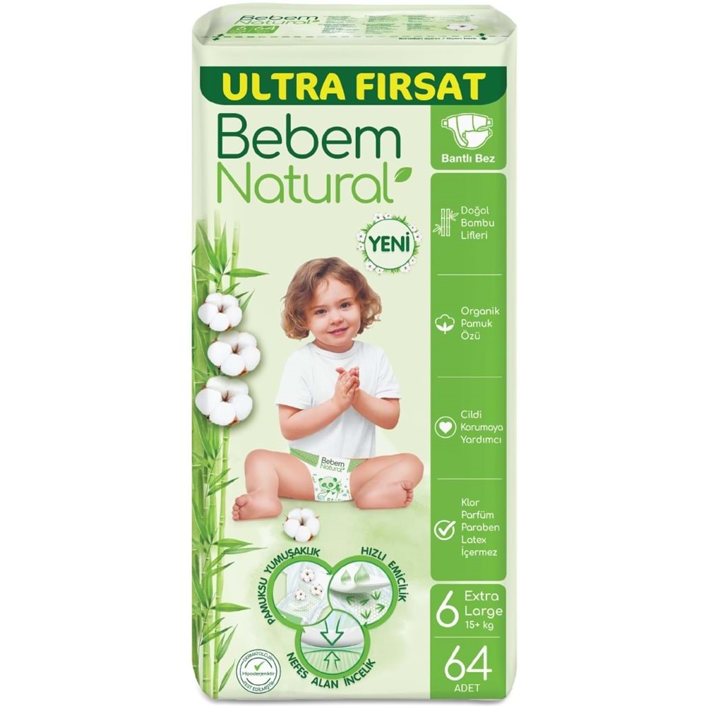 Bebem Bebek Bezi Natural Beden:6 (15+Kg) Extra Large 256 Adet Avantaj Ultra Fırsat Pk