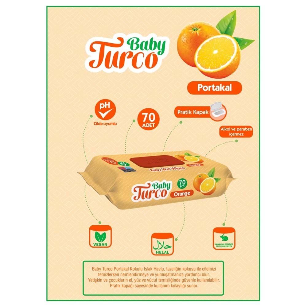 Baby Turco Islak Havlu Mendil 70 Yaprak Portakal Plastik Kapaklı Tekli Pk