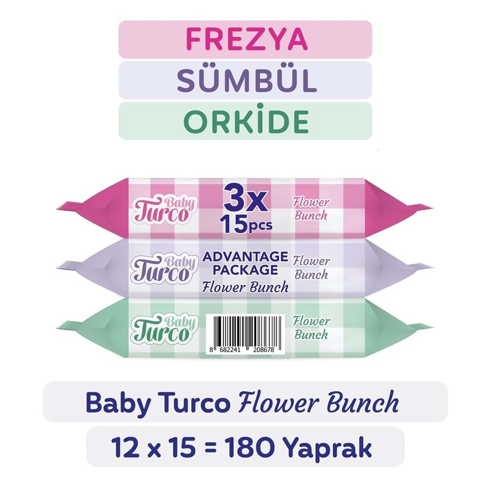 Baby Turco Islak Havlu Cep Mendil (3 Lü Pk) 15 Yaprak Çiçek Demeti/Flower Bunch (45 Yaprak)