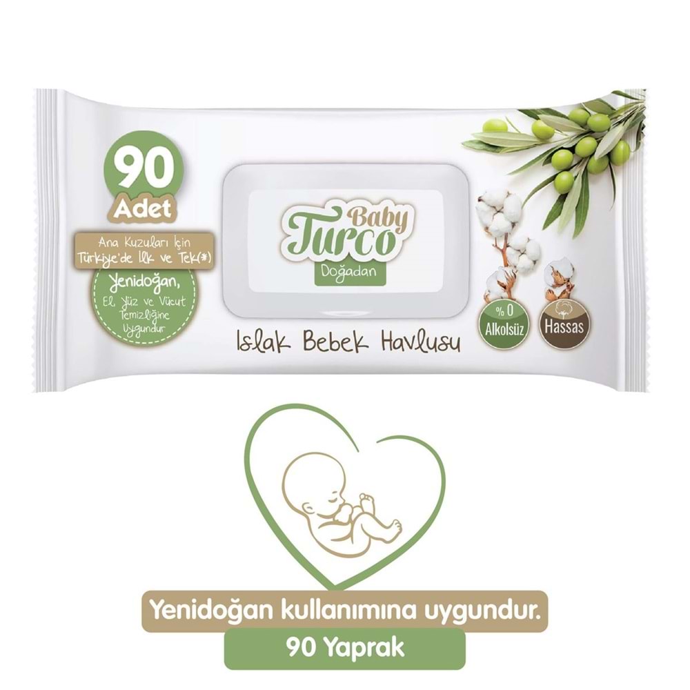 Baby Turco Islak Havlu Mendil Yenidoğan 90 Yaprak Doğadan Plastik Kapaklı Tekli Pk
