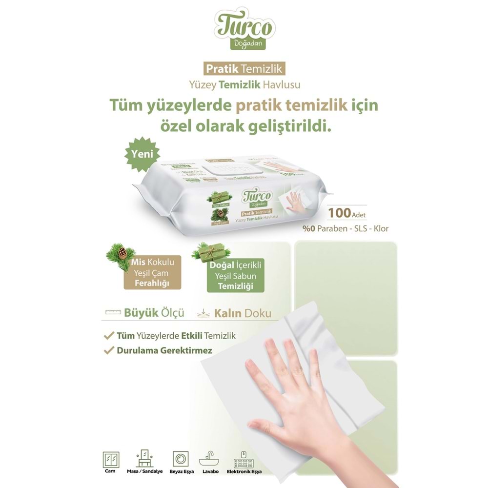 Turco Doğadan Pratik Yüzey Temizlik Havlusu 100 Yaprak Yeşil Sabun/Yeşil Çam Plastik Kapaklı