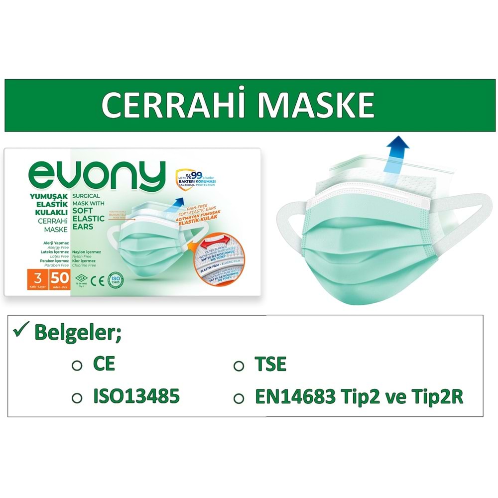 Evony 3 Katlı Filtreli Burun Telli Cerrahi Maske 50 Li Paket (Yumuşak Elastik Kulaklı)