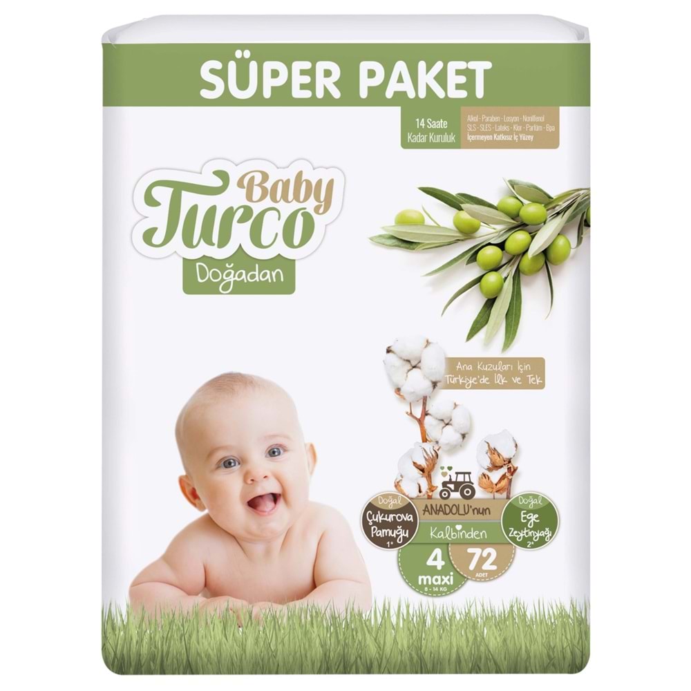 Baby Turco Bebek Bezi Doğadan Beden:4 (8-14Kg) Maxi 432 Adet Süper Avantaj Pk