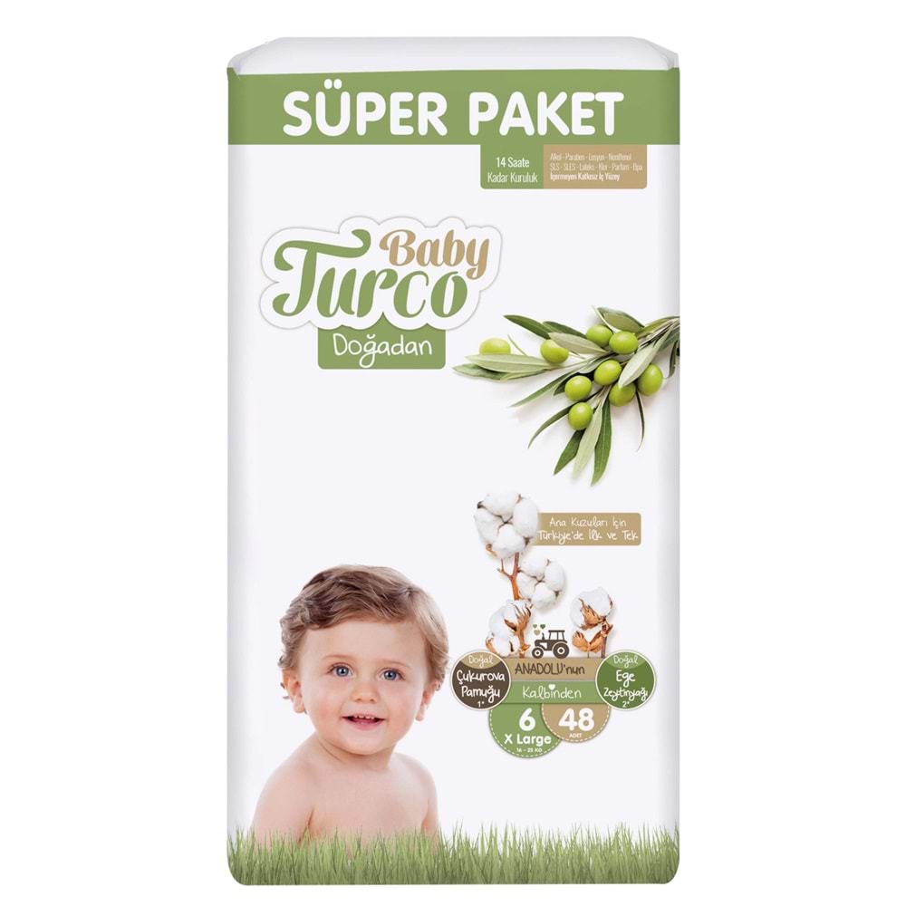 Baby Turco Bebek Bezi Doğadan Beden:6 (16-25Kg) XLarge 96 Adet Süper Ekonomik Pk
