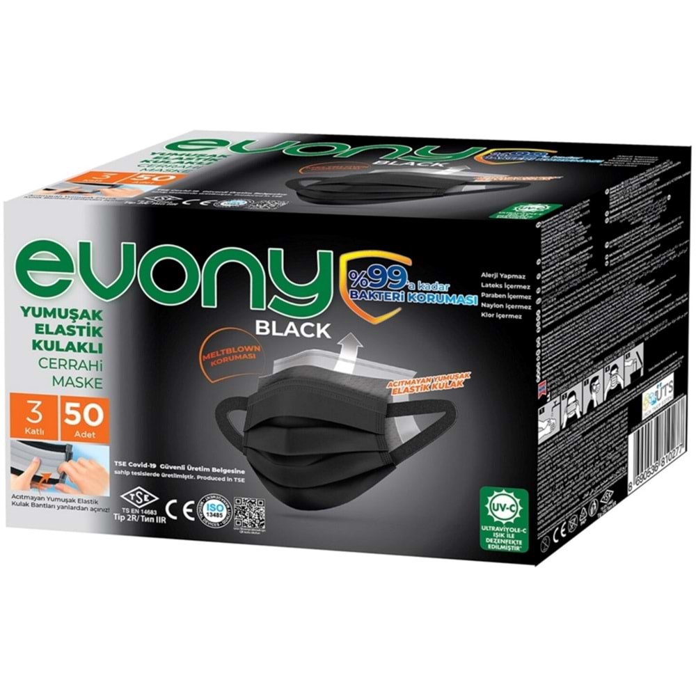 Evony 3 Katlı Filtreli Burun Telli Cerrahi Maske 100 Lü Set Siyah/Black (Yumuşak Elastik Kulaklı)