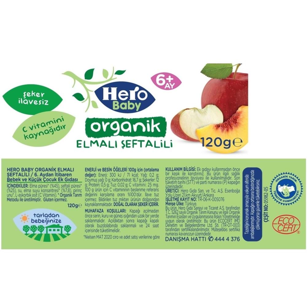 Hero Baby Kavanoz Maması 120GR Organik Elmalı Şeftalili (6 Lı Set)