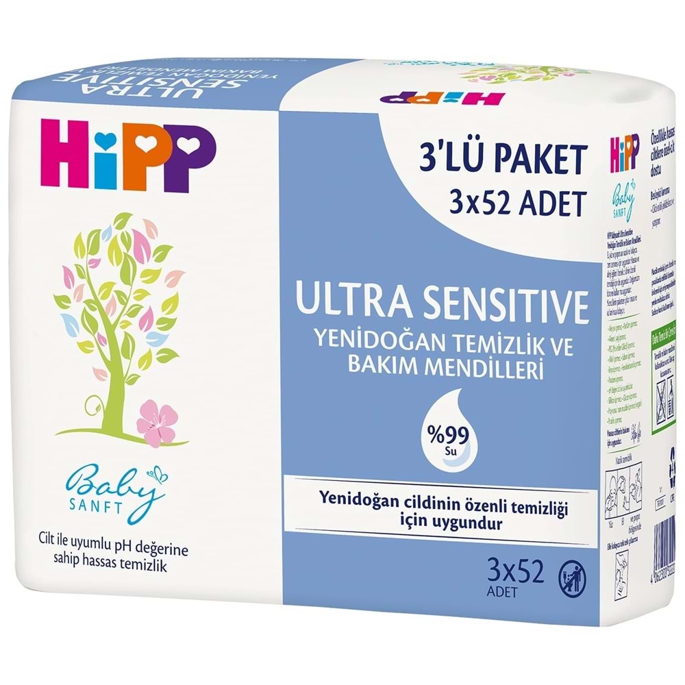 Hipp Baby Sanft Islak Havlu Mendil 52 Yaprak Sensitive Yeni Doğan 12 Li Set (4PK*3) 624 Yaprak