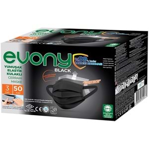 Evony 3 Katlı Filtreli Burun Telli Cerrahi Maske 100 Lü Set Siyah/Black (Yumuşak Elastik Kulaklı)